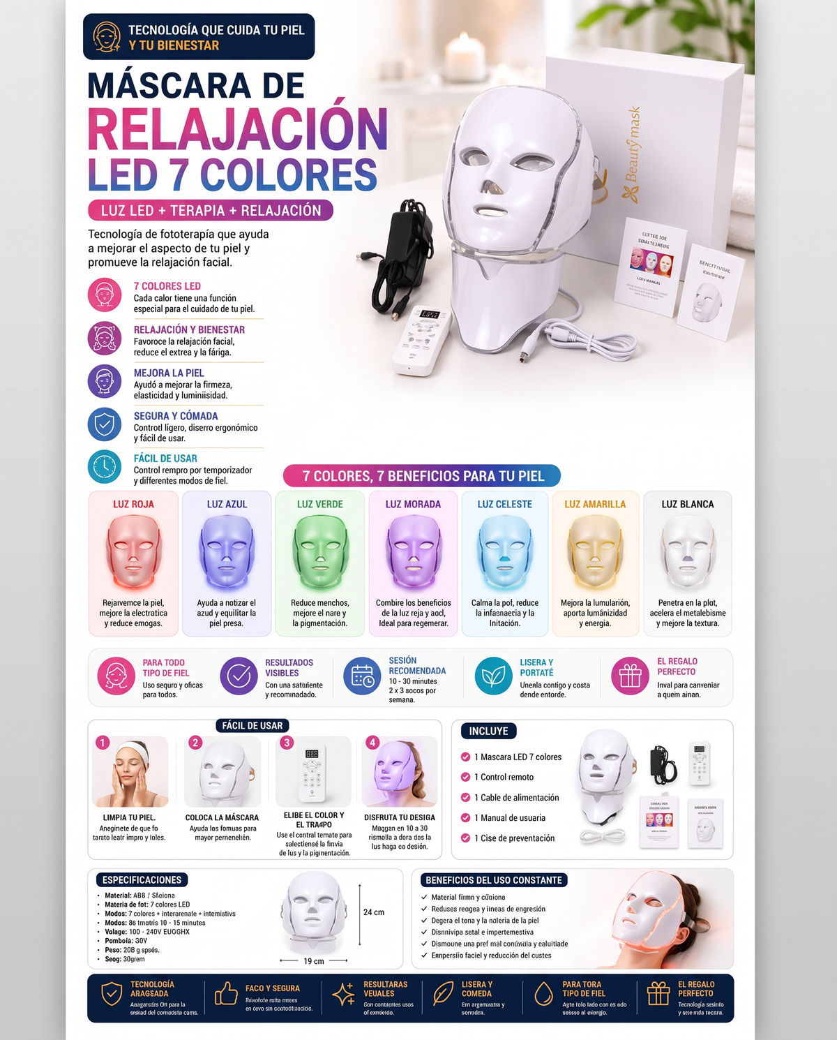 Máscara Facial LED 7 Colores BS